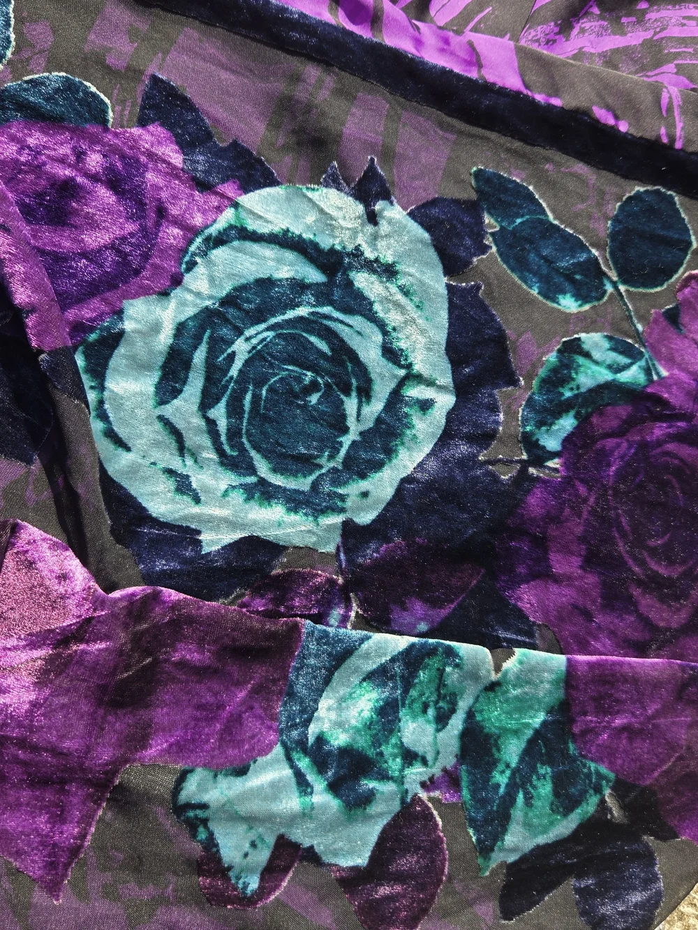 Velvet Floral Print Scarf in Teal and Purple 19× 69